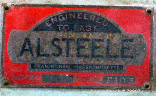 Used Alsteele Double Drum Tumbler, Carbon Steel. Can accept drums approximately 20" diameter x 36" tall. Driven by a 3/4 HP, 3/60/230/460 Volt, 1725 RPM XP motor thru reducer. Includes start/stop con...