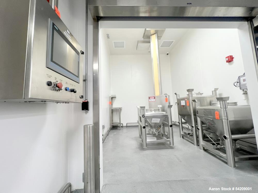 Used Glatt Stainless Steel Column Bin Blender, Model CM 400, Serial# PN 14724, Year 2016. With (1) 500Liter stainless bin, (1) 300 liter stainless bin, (1) 100 liter stainless bin & wall mounted HMI.