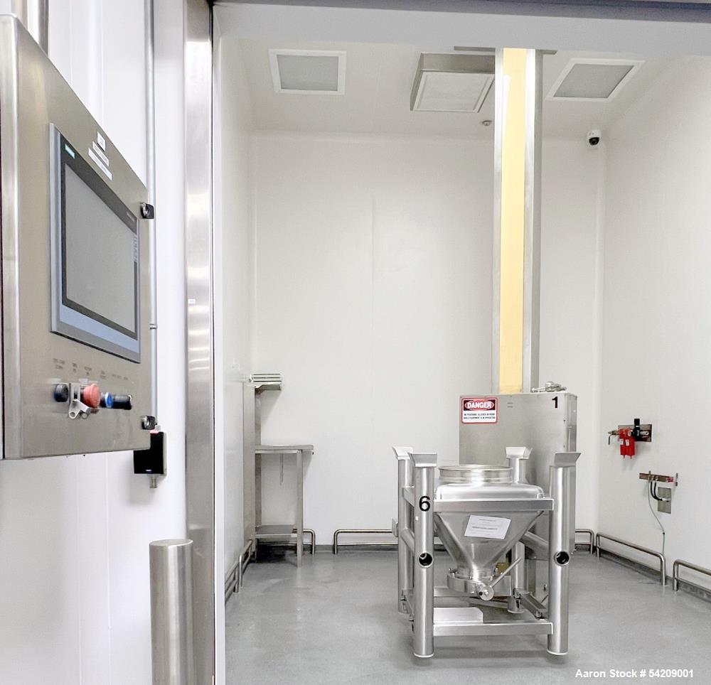 Used Glatt Stainless Steel Column Bin Blender, Model CM 400, Serial# PN 14724, Year 2016. With (1) 500Liter stainless bin, (1) 300 liter stainless bin, (1) 100 liter stainless bin & wall mounted HMI.