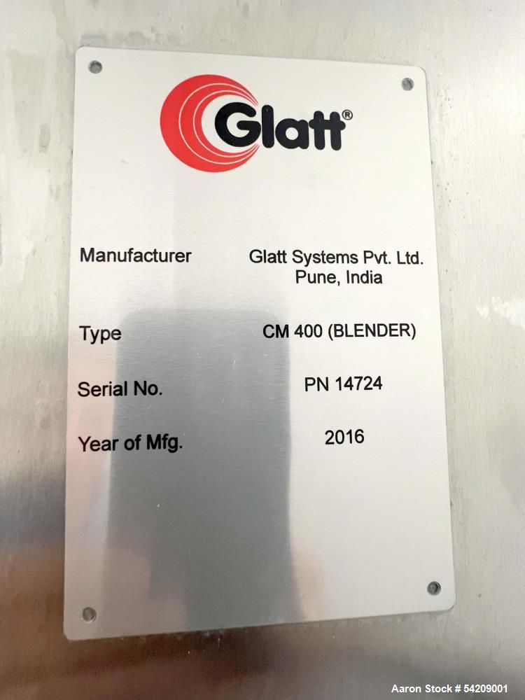 Used Glatt Stainless Steel Column Bin Blender, Model CM 400, Serial# PN 14724, Year 2016. With (1) 500Liter stainless bin, (1) 300 liter stainless bin, (1) 100 liter stainless bin & wall mounted HMI.