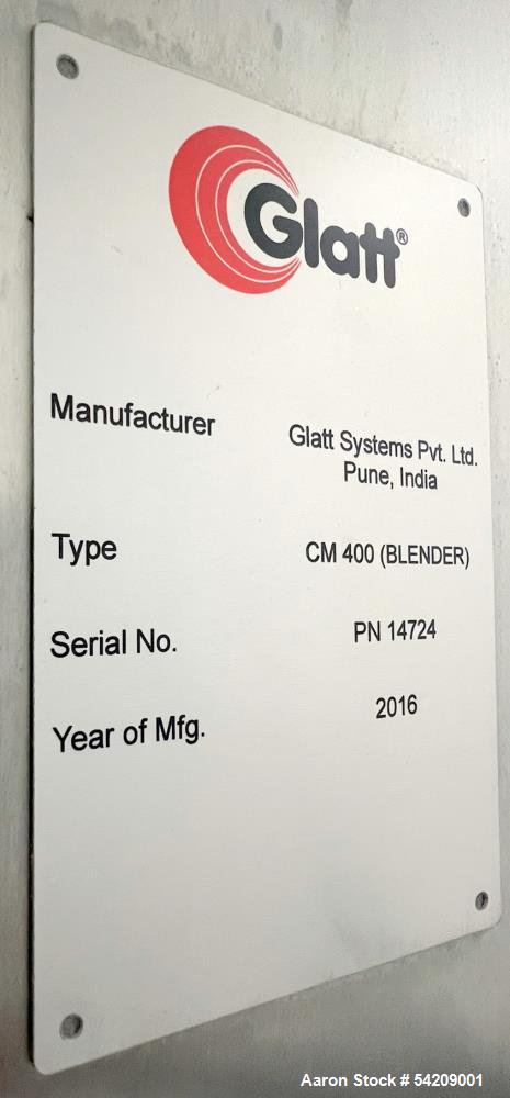 Used Glatt Stainless Steel Column Bin Blender, Model CM 400, Serial# PN 14724, Year 2016. With (1) 500Liter stainless bin, (1) 300 liter stainless bin, (1) 100 liter stainless bin & wall mounted HMI.