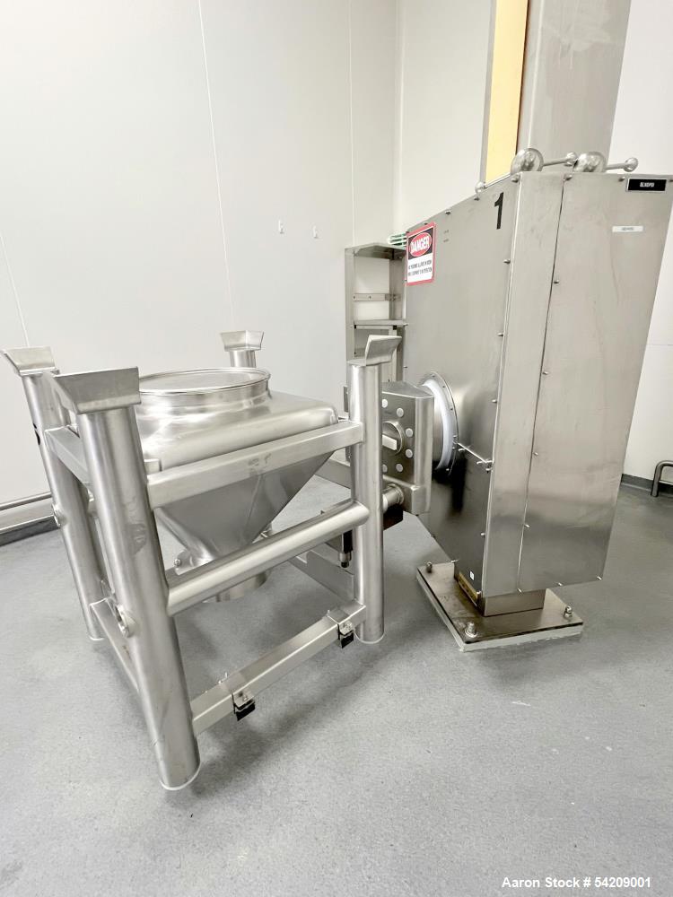 Used Glatt Stainless Steel Column Bin Blender, Model CM 400, Serial# PN 14724, Year 2016. With (1) 500Liter stainless bin, (1) 300 liter stainless bin, (1) 100 liter stainless bin & wall mounted HMI.