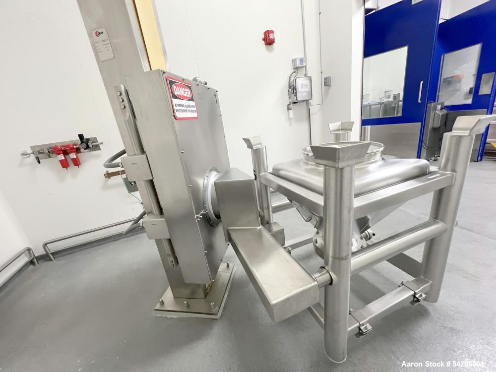 Used Glatt Stainless Steel Column Bin Blender, Model CM 400, Serial# PN 14724, Year 2016. With (1) 500Liter stainless bin, (1) 300 liter stainless bin, (1) 100 liter stainless bin & wall mounted HMI.