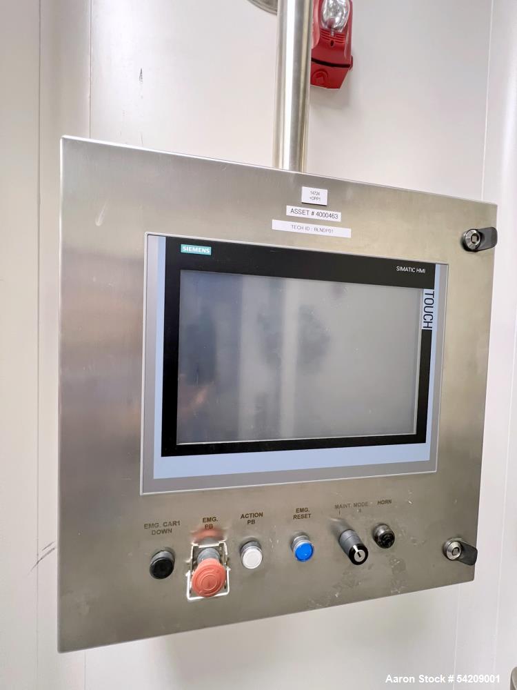 Used Glatt Stainless Steel Column Bin Blender, Model CM 400, Serial# PN 14724, Year 2016. With (1) 500Liter stainless bin, (1) 300 liter stainless bin, (1) 100 liter stainless bin & wall mounted HMI.