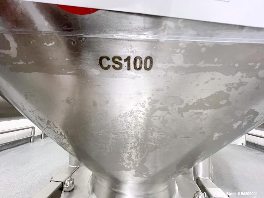 Used Glatt Stainless Steel Column Bin Blender, Model CM 400, Serial# PN 14724, Year 2016. With (1) 500Liter stainless bin, (1) 300 liter stainless bin, (1) 100 liter stainless bin & wall mounted HMI.