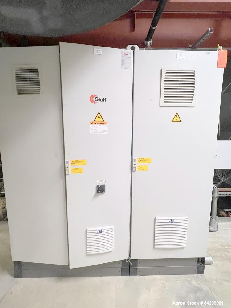 Used Glatt Stainless Steel Column Bin Blender, Model CM 400, Serial# PN 14724, Year 2016. With (1) 500Liter stainless bin, (1) 300 liter stainless bin, (1) 100 liter stainless bin & wall mounted HMI.