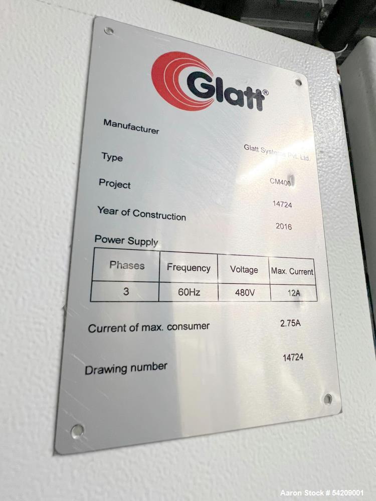 Used Glatt Stainless Steel Column Bin Blender, Model CM 400, Serial# PN 14724, Year 2016. With (1) 500Liter stainless bin, (1) 300 liter stainless bin, (1) 100 liter stainless bin & wall mounted HMI.