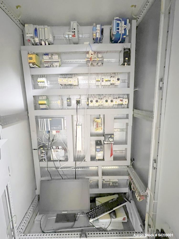 Used Glatt Stainless Steel Column Bin Blender, Model CM 400, Serial# PN 14724, Year 2016. With (1) 500Liter stainless bin, (1) 300 liter stainless bin, (1) 100 liter stainless bin & wall mounted HMI.