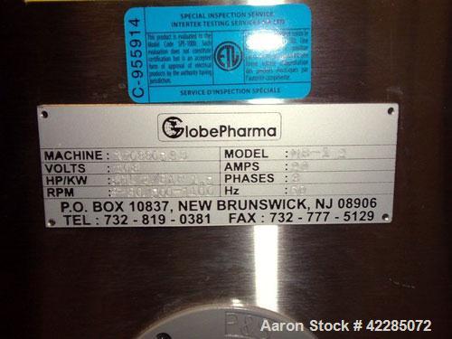 Used Globe Pharma Bin Blender, Model MB-1 2. Stainless steel construction, with 1 and 2 cu. ft. interchangeable stainless steel bins, 208 volts, serial# 12088053B.