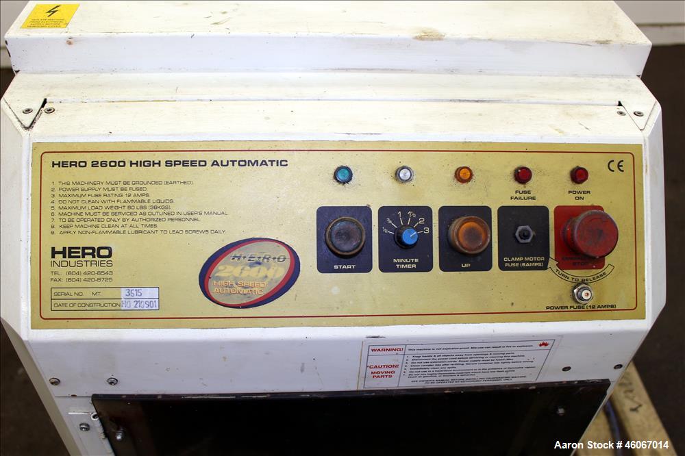 Used Hero Industries 2600 High Speed Automatic Paint Shaker. Maximum load weight 80 pounds. 1/60/110/115 volt. Built 1999. Serial# MT-003615.