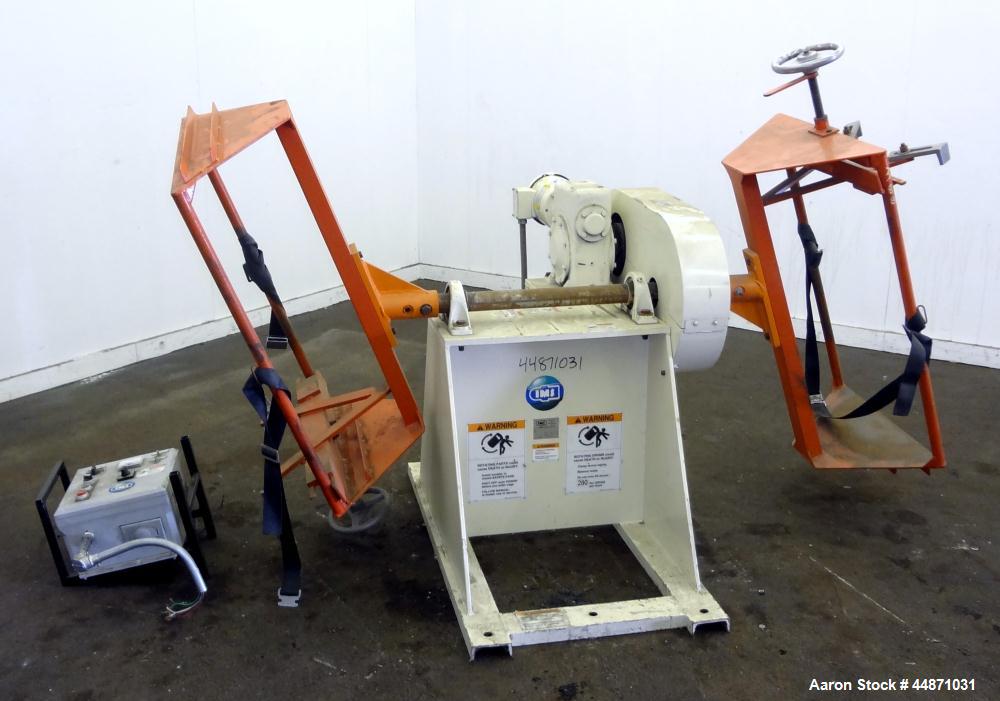 Used IMS Dual Drum Tumbler, Model TBD1500. Capacity (2) 55 gallon drums at 280 pounds per drum. Minimum/maximum height 25" to 37", minimum/maximum diameter 21-1/2" to 33". Driven by a 1.5 hp, 3/60/20...