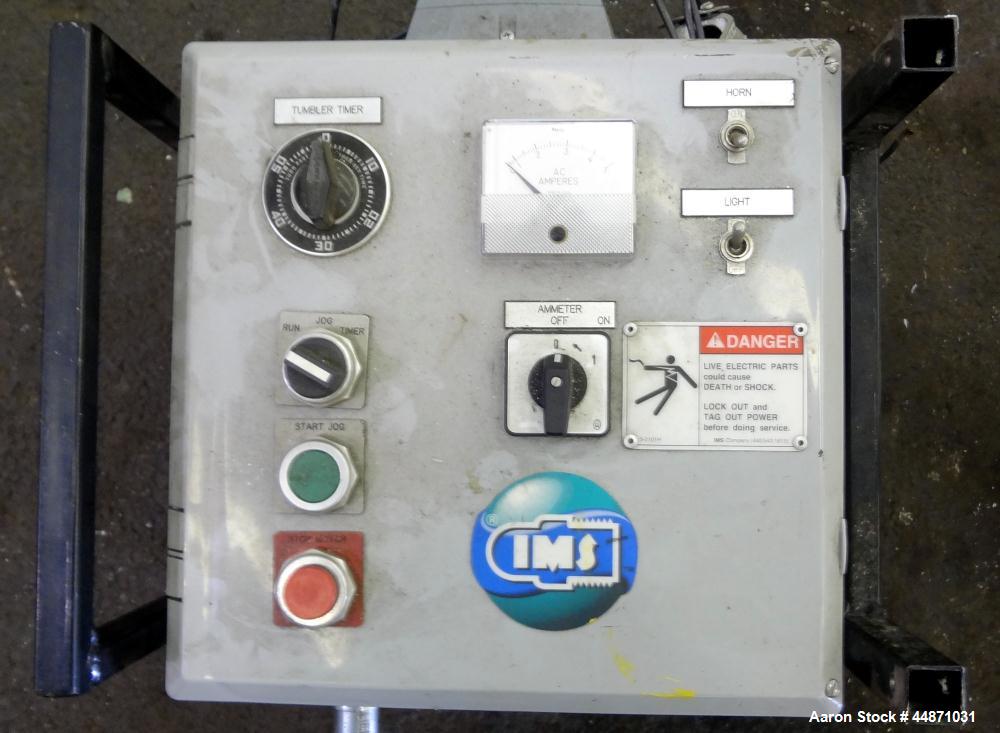 Used IMS Dual Drum Tumbler, Model TBD1500. Capacity (2) 55 gallon drums at 280 pounds per drum. Minimum/maximum height 25" to 37", minimum/maximum diameter 21-1/2" to 33". Driven by a 1.5 hp, 3/60/20...