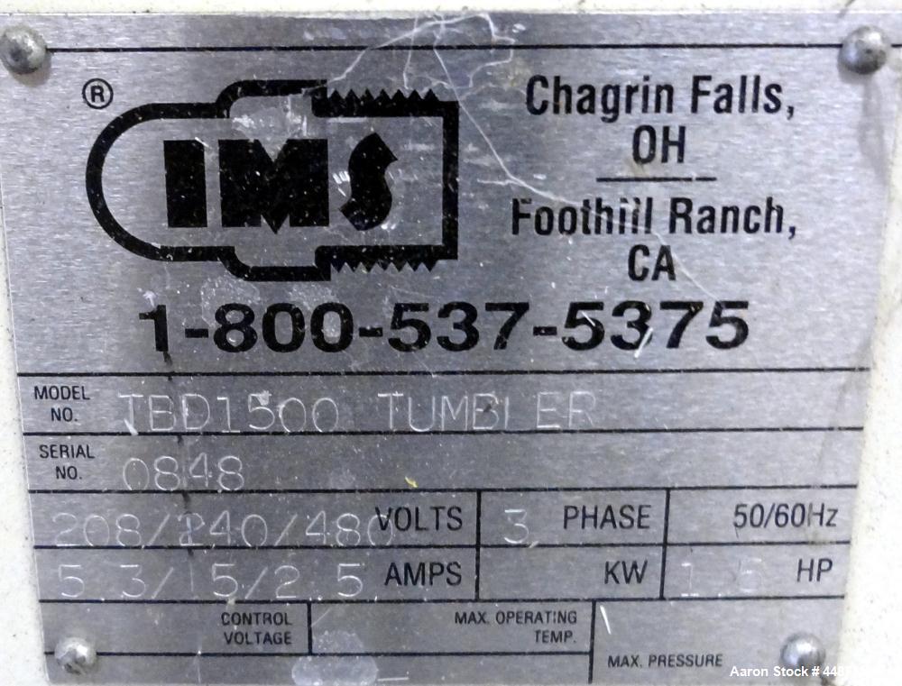 Used IMS Dual Drum Tumbler, Model TBD1500. Capacity (2) 55 gallon drums at 280 pounds per drum. Minimum/maximum height 25" to 37", minimum/maximum diameter 21-1/2" to 33". Driven by a 1.5 hp, 3/60/20...