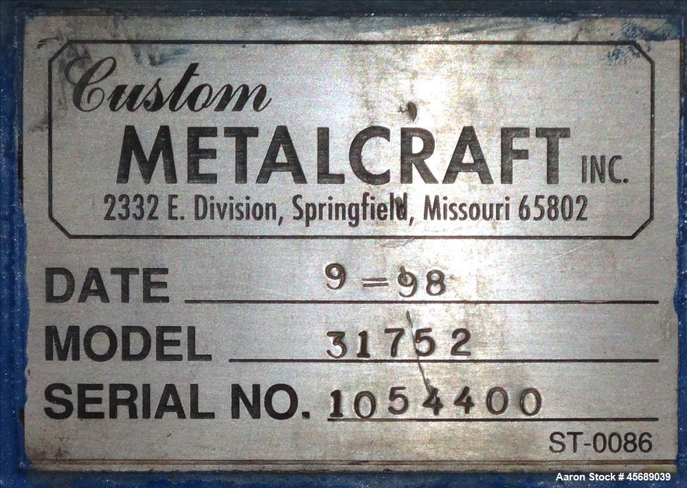 Used Metalcraft Tote Tumbler, Model 31753. Includes (9) Stainless Steel Totes, 55" Wide x 27.5" Straight Side x 42.5" Cone. 43.5" x 43.5" Square Top Opening. Approximate 16" Bottom Outlet. Driven by ...