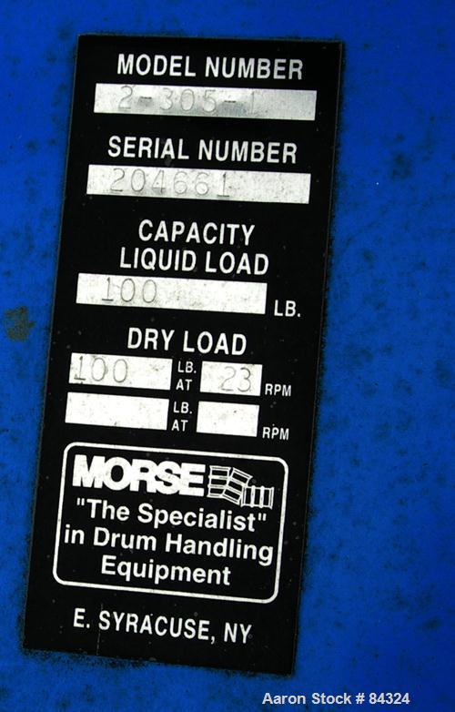 Used Morse Dual Can Tumbler, Model 2-305-1. Capacity (2) 8.5 gallon drums at 100 pounds per drum at 23 rpm. Minimum/maximum height 4-1/2" to 16-1/2", maximum diameter up to 12-1/2". Driven by a 1/4 h...