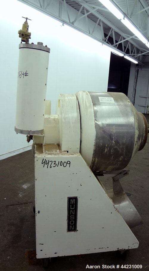 Used Munson Machinery Mini Rotary Batch Mixer, Model MX-3-S/S, 3 Cubic Feet, 304 Stainless Steel. Maximum batch weight 350 pounds. Approximate 30” diameter drum with flights, and (1) internal spray l...