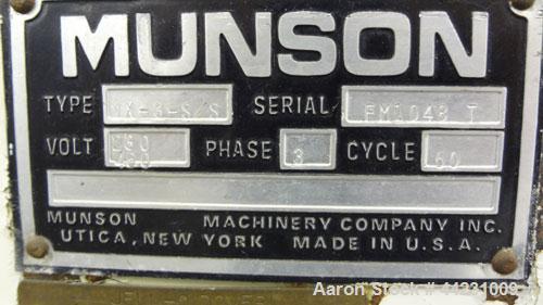 Used Munson Machinery Mini Rotary Batch Mixer, Model MX-3-S/S, 3 Cubic Feet, 304 Stainless Steel. Maximum batch weight 350 pounds. Approximate 30” diameter drum with flights, and (1) internal spray l...