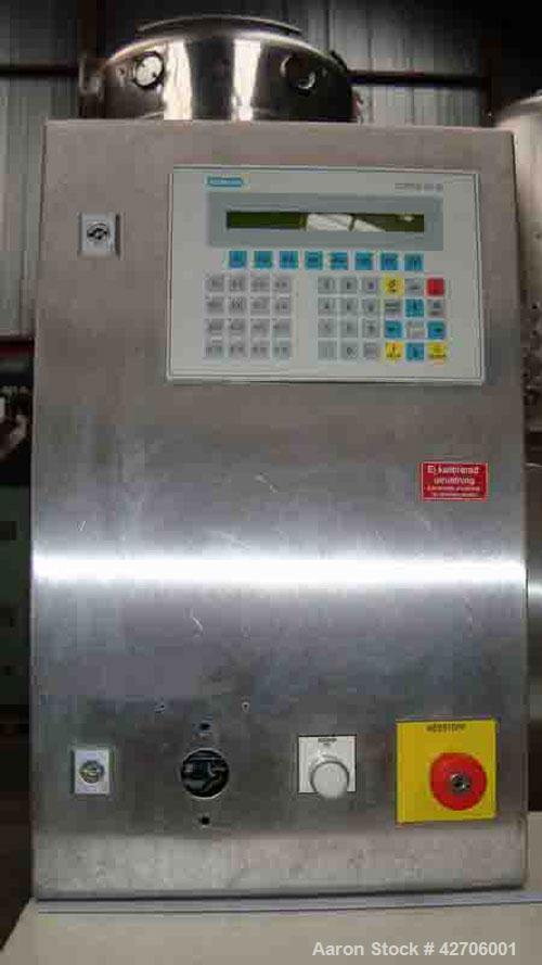 Used GEA IBC Single Pedstal Container Mixer/Blender. Material of construction is 316 stainless steel, total capacity 500 liter, working capacity 330 liter, non-jacketed container. Belt driven via a g...
