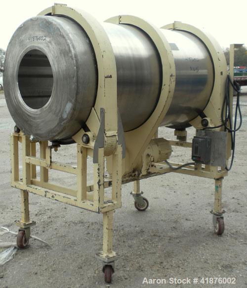 Used Horizontal Drum Tumbler, 316 stainless steel. Approximate 33" diameter x 72" long drum, with internal flights. Driven by a 1 hp, 3/60/208-220/440 volt, 1735 rpm gear motor, 57.6 to 1 ratio, 30 o...
