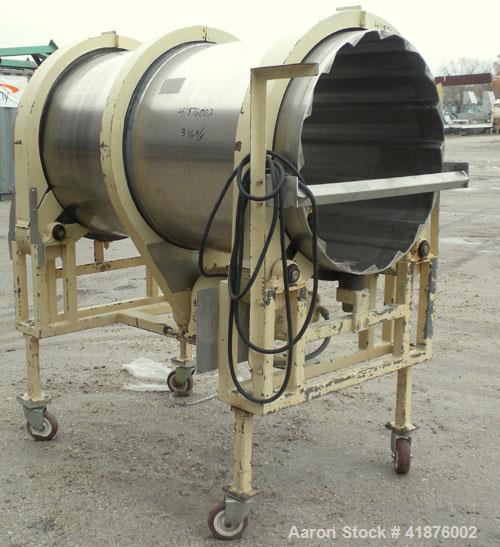 Used Horizontal Drum Tumbler, 316 stainless steel. Approximate 33" diameter x 72" long drum, with internal flights. Driven by a 1 hp, 3/60/208-220/440 volt, 1735 rpm gear motor, 57.6 to 1 ratio, 30 o...