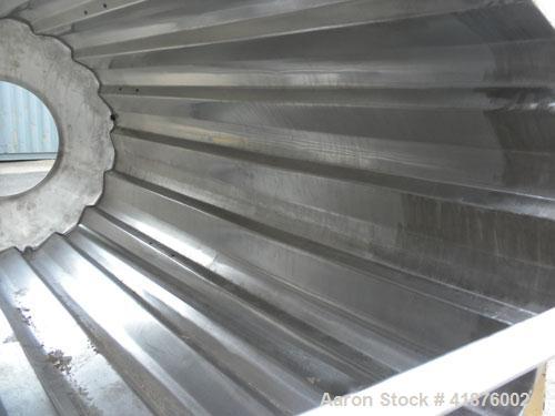 Used Horizontal Drum Tumbler, 316 stainless steel. Approximate 33" diameter x 72" long drum, with internal flights. Driven by a 1 hp, 3/60/208-220/440 volt, 1735 rpm gear motor, 57.6 to 1 ratio, 30 o...