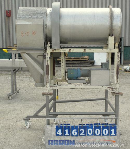 Used Horizontal Drum Tumbler, 316 Stainless Steel. Approximate 24" diameter x 48" long drum, intenal lifters, 17" long screen end section, 1/4" diameter holes. End outlet with chute. Driven by a 3/4 ...
