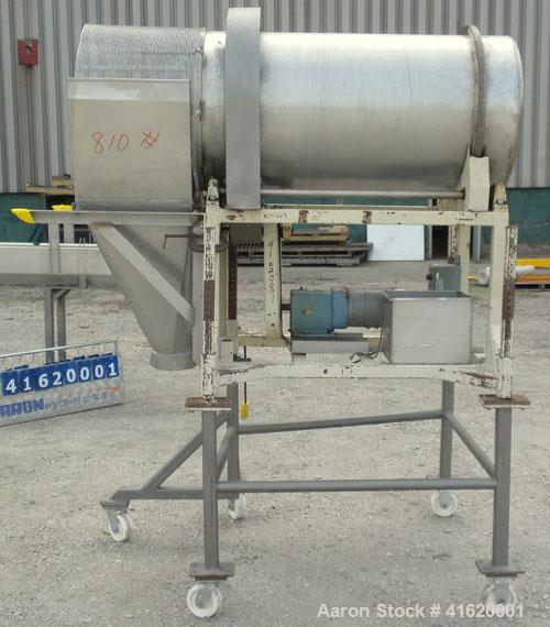 Used Horizontal Drum Tumbler, 316 Stainless Steel. Approximate 24" diameter x 48" long drum, intenal lifters, 17" long screen end section, 1/4" diameter holes. End outlet with chute. Driven by a 3/4 ...