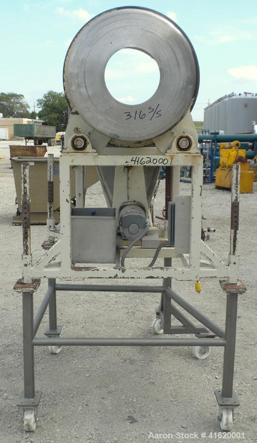 Used Horizontal Drum Tumbler, 316 Stainless Steel. Approximate 24" diameter x 48" long drum, intenal lifters, 17" long screen end section, 1/4" diameter holes. End outlet with chute. Driven by a 3/4 ...