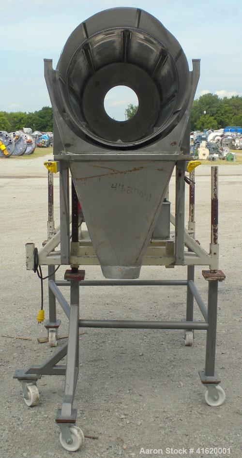 Used Horizontal Drum Tumbler, 316 Stainless Steel. Approximate 24" diameter x 48" long drum, intenal lifters, 17" long screen end section, 1/4" diameter holes. End outlet with chute. Driven by a 3/4 ...