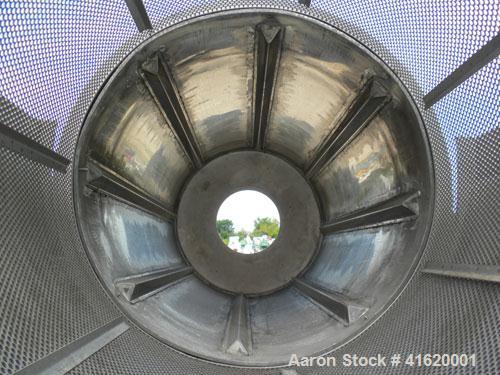Used Horizontal Drum Tumbler, 316 Stainless Steel. Approximate 24" diameter x 48" long drum, intenal lifters, 17" long screen end section, 1/4" diameter holes. End outlet with chute. Driven by a 3/4 ...