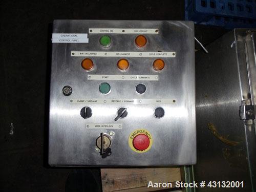 Used Flo-Bin Tote Blender, Stainless Steel. Including bins and framework, 316 stainless steel bins, (1) 25 cubic feet, 32" x 32" x 33" straight side x 18" cone bottom; (1) 45 cubic feet, 48" x 48" x ...