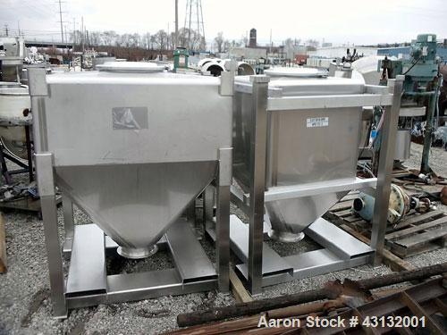 Used Flo-Bin Tote Blender, Stainless Steel. Including bins and framework, 316 stainless steel bins, (1) 25 cubic feet, 32" x 32" x 33" straight side x 18" cone bottom; (1) 45 cubic feet, 48" x 48" x ...