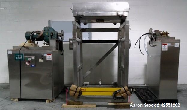 Used Tote Systems tote blender, 304 stainless steel construction, 79 cu ft(2500 liter) capacity, on stainless steel stands with 20 hp, 230/460 volt motor drive thru Sumitomo gear box with 76:1 gear b...