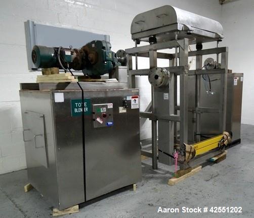 Used Tote Systems tote blender, 304 stainless steel construction, 79 cu ft(2500 liter) capacity, on stainless steel stands with 20 hp, 230/460 volt motor drive thru Sumitomo gear box with 76:1 gear b...