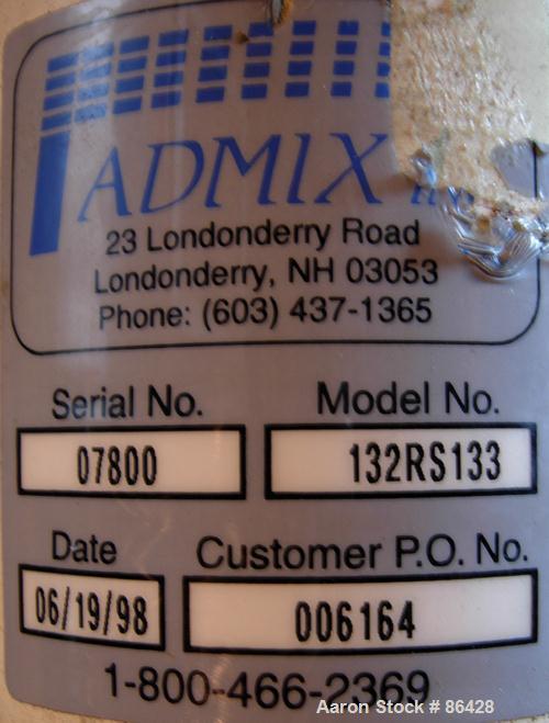 USED: Admix Rotosolver high shear mixer, model 132RS133, 316 stainless steel. 1-3/4" diameter x 48" long shaft, 5-1/4" diameter turbine. Peripheral velocity 40 ft/sec. 750 gallon max batch size. Driv...