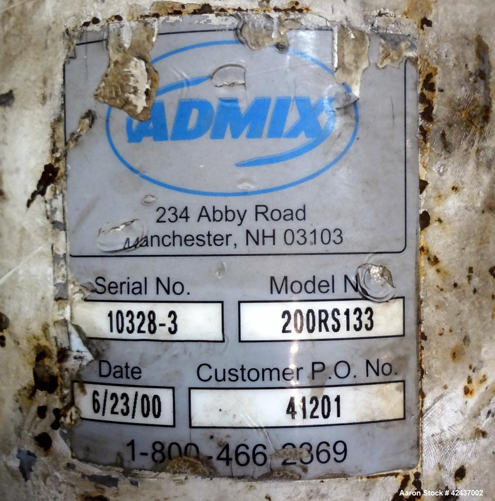 Used Admix Rotosolver High Shear Disperser/Dissolver, Model 200RS133. Approximate 2-1/2" diameter 316 stainless steel shaft with a 5.25" diameter mixing head, maximum batch size 400 gallon. Driven by...