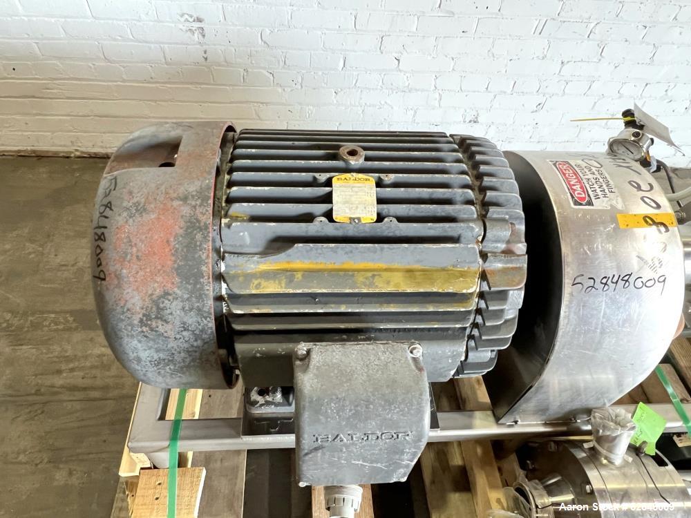 Used Admix Boston Shearmill-Pump, Model BSM 60-1, Stainless Steel. Throughput 40 - 165 gallon per minute. 94 FPS (28.6 MPS) tip speed. Driven by 75hp, 3/60/230/460 volt, 3550 rpm motor. 3" Inlet, 2" ...