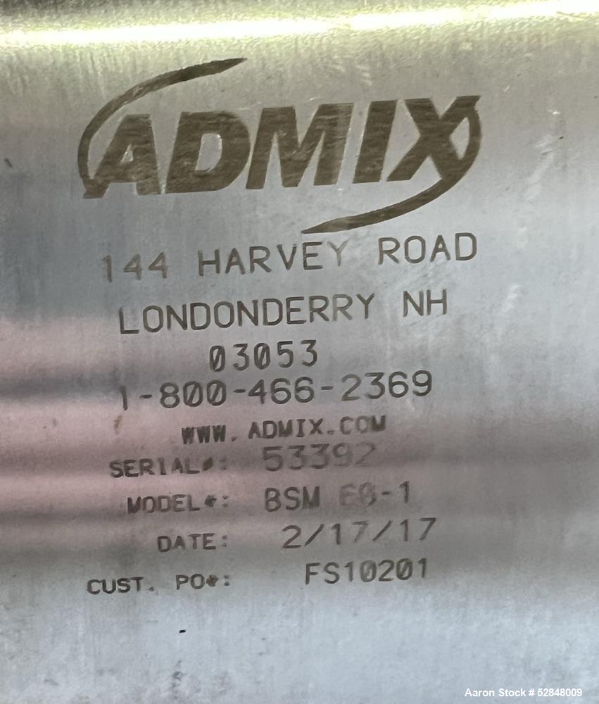 Used Admix Boston Shearmill-Pump, Model BSM 60-1, Stainless Steel. Throughput 40 - 165 gallon per minute. 94 FPS (28.6 MPS) tip speed. Driven by 75hp, 3/60/230/460 volt, 3550 rpm motor. 3" Inlet, 2" ...