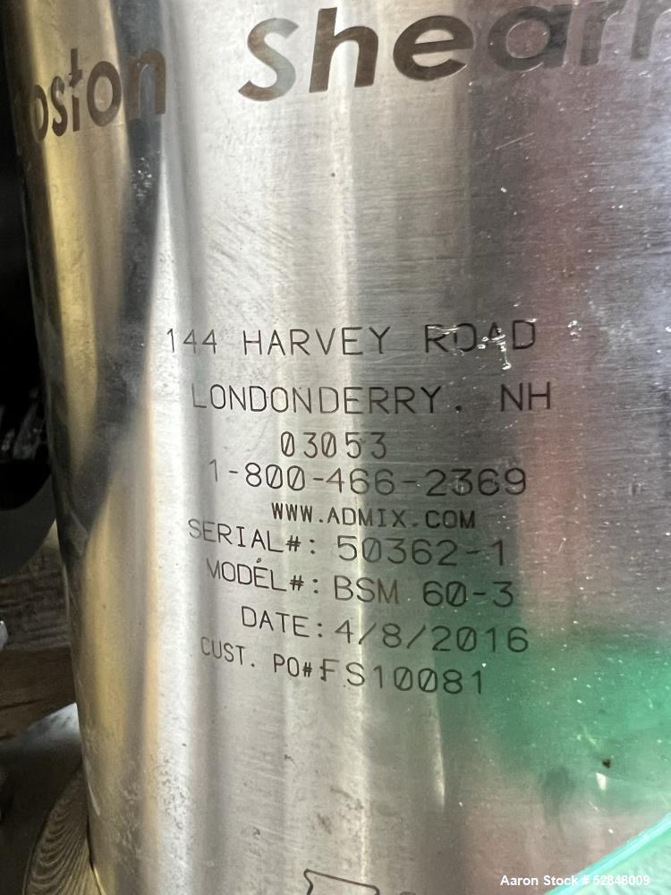 Used Admix Boston Shearmill-Pump, Model BSM 60-1, Stainless Steel. Throughput 40 - 165 gallon per minute. 94 FPS (28.6 MPS) tip speed. Driven by 75hp, 3/60/230/460 volt, 3550 rpm motor. 3" Inlet, 2" ...