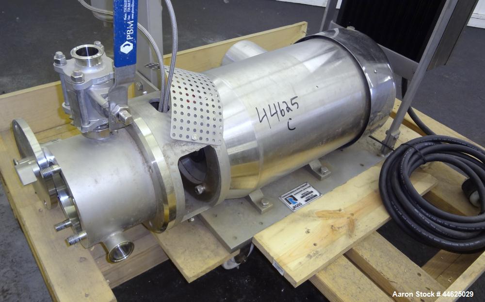 Used Ross Series 400 In-Line Mixer, Model HSM 401SC15, 316 Stainless Steel. Rated 66 gallons per minute (water). Non-jacketed chamber approximate 5-1/2” diameter x 2-1/2” deep, rotor approximate 5” d...