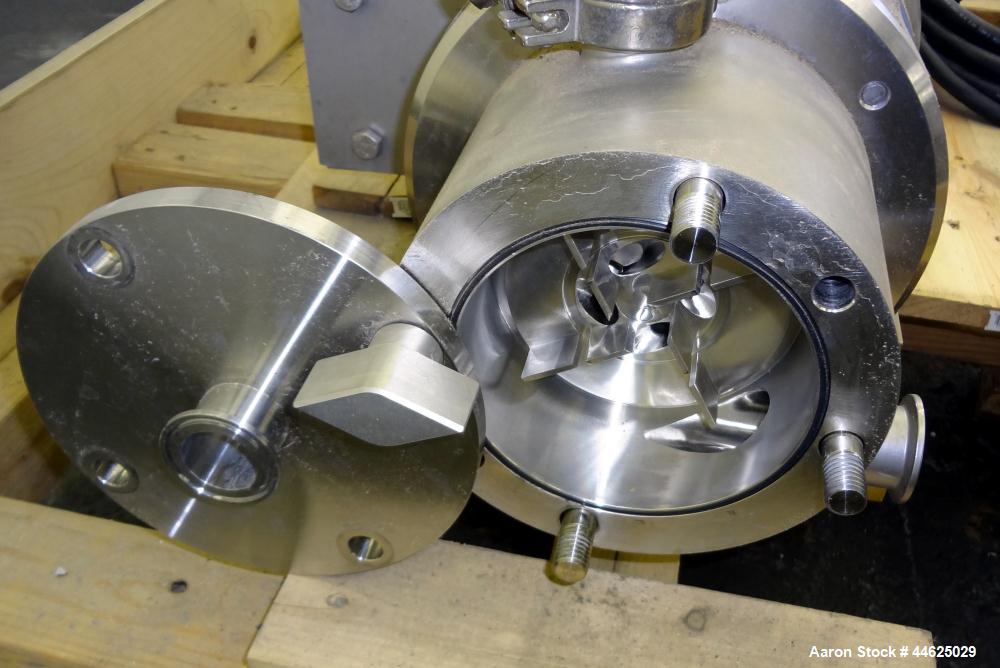 Used Ross Series 400 In-Line Mixer, Model HSM 401SC15, 316 Stainless Steel. Rated 66 gallons per minute (water). Non-jacketed chamber approximate 5-1/2” diameter x 2-1/2” deep, rotor approximate 5” d...