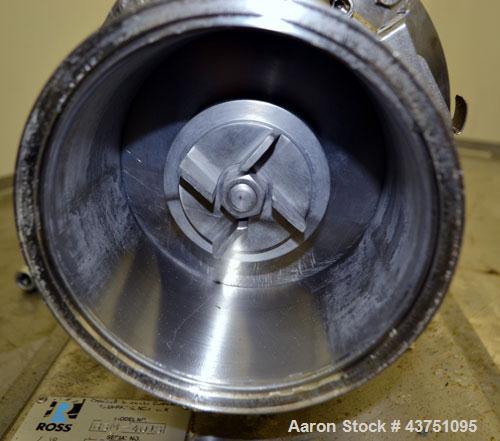 Used Ross Series 400 In-Line Mixer, Model HSM-401S, 316 Stainless Steel. Rated 66 gallons per minute (water). Non-jacketed chamber approximately 5-1/2” diameter x 3-3/8” deep, rotor 2-1/2” diameter. ...