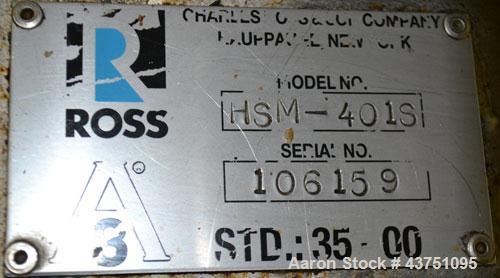Used Ross Series 400 In-Line Mixer, Model HSM-401S, 316 Stainless Steel. Rated 66 gallons per minute (water). Non-jacketed chamber approximately 5-1/2” diameter x 3-3/8” deep, rotor 2-1/2” diameter. ...