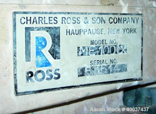 Used Ross Mixer Emulsifier, Model ME100LX, stainless steel. 1-20 liter batch capacity. 0-10,000 rpm. Approximately 3'' diameter rotor x 19'' long. Driven by a 1 hp, 3/60/230/460 volt, 3450 rpm XP mot...