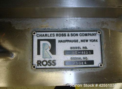 Used Ross High Shear Pump, Model ME415S, Stainless Steel. Including motor, approximate 4" diameter rotor/stator, 15 hp, 230/460 volt XP motor with mechanical seal, mounted on portable base with AC VF...