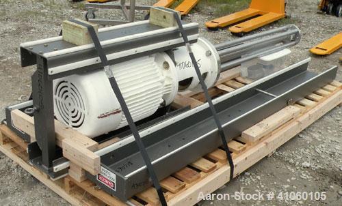 Used Ross Batch Mixer Emulsifier, Model ME525, 304 Stainless Steel. Speed range 3600 rpm, batch range 40 to 500 gallon. 1-3/4’’ x 52" long shaft. 4-1/2" diameter rotor with a slotted head. Driven by ...