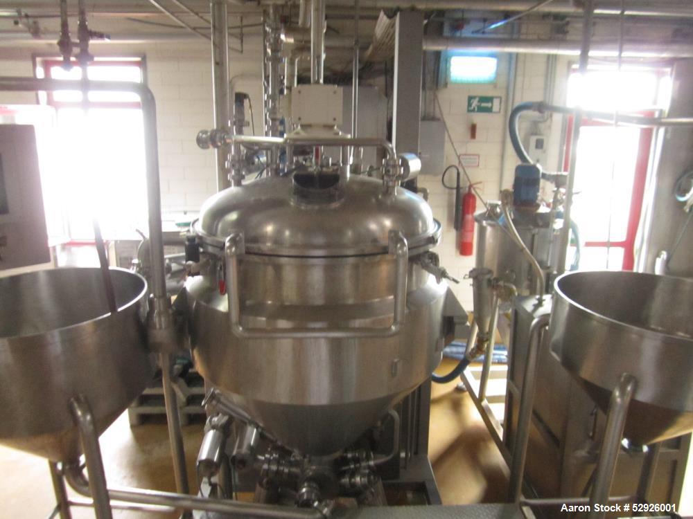 Used FrymaKoruma GmbH Food High Shear Emulsifier, Type MAXXD 400, Stainless Steel, 400 liter (105 gallon). Incl. motor, control and additional infrastructure. Overall dimensions: 91" ( 2800 mm long) ...