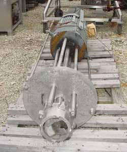 USED: Hill Mixer Inc homo mixer. Stainless steel stator and turbine. 6" dia, 54" long shaft. 30 hp 460v/3600 rpm. Baffle plate.