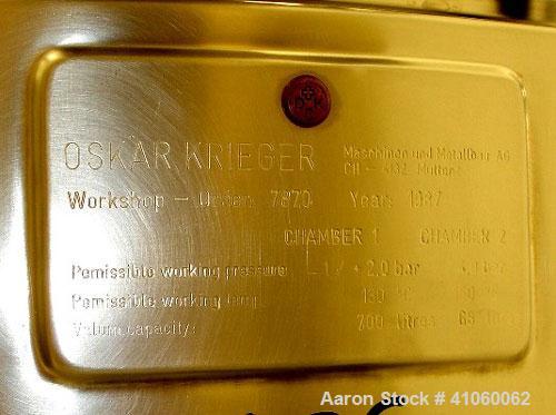 Used Oskar Krieger Molto-Mat Universal Homogenizer Mixer, Model MMU 500, Stainless Steel. 110 to 500 liter working capacity, 700 total. Internal rated –14 psi/29 psi (-1/+2 bar) at 266 deg F (130 C),...