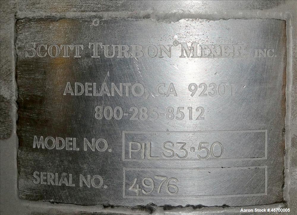 Used Scott Turbon Stainless Steel Mixer, Model PILS3-50, S/N: 4976, 6" (diameter) blade